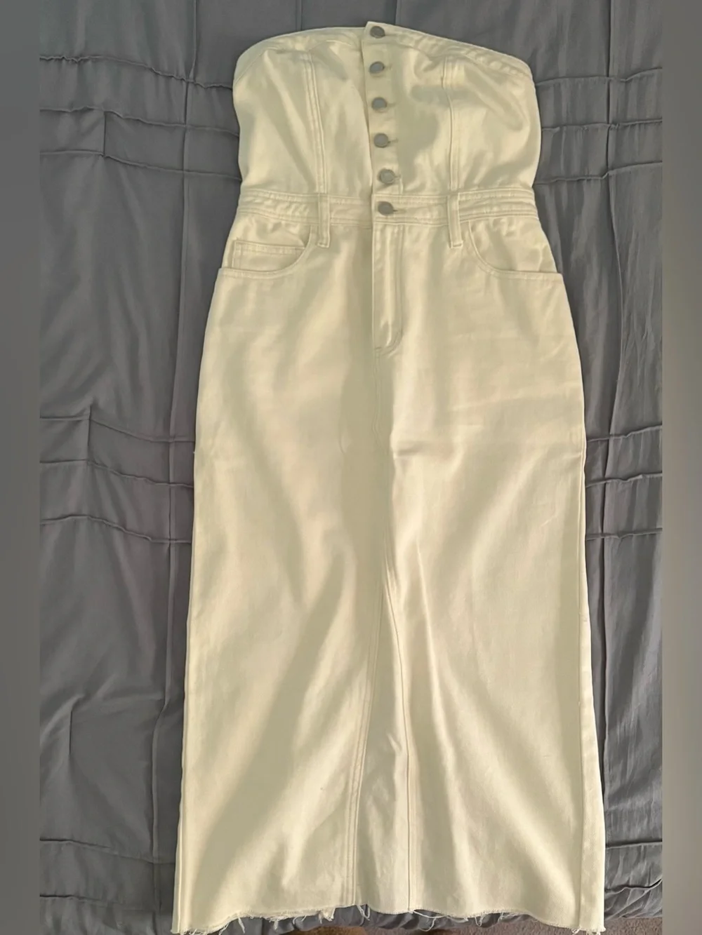 Cream Strapless Denim Dress with Button Front